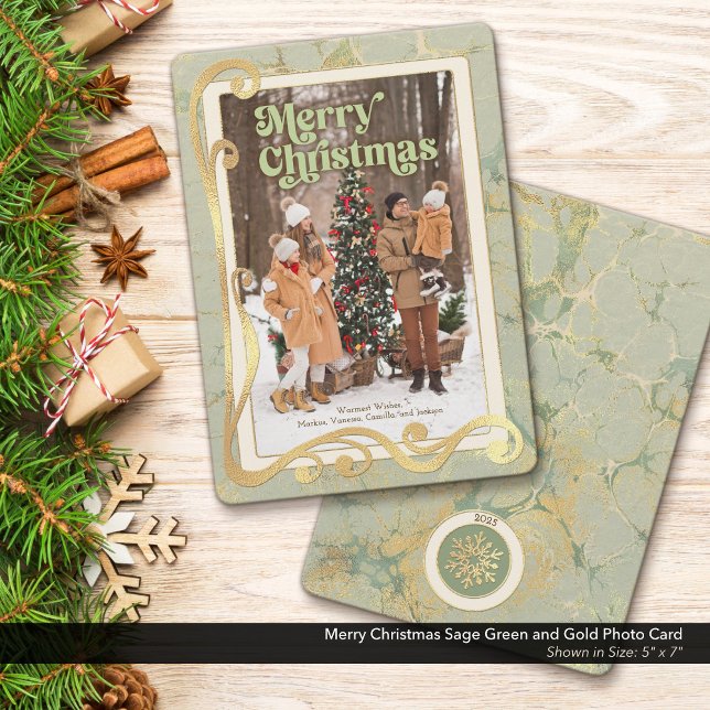 Merry Christmas Sage Green and Gold Photo Card (Merry Christmas, Sage Green and Gold Holiday Photo Greeting Card)