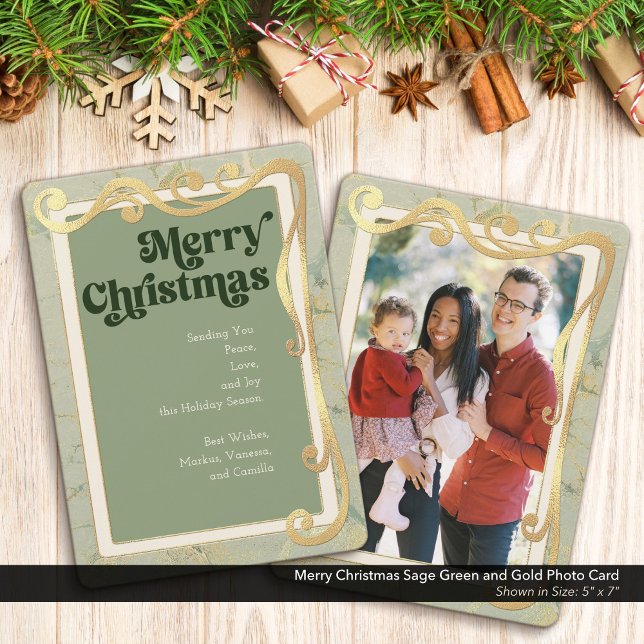 Merry Christmas Sage Green and Gold Photo Card (Merry Christmas, Sage Green and Gold Holiday Photo Greeting Card)