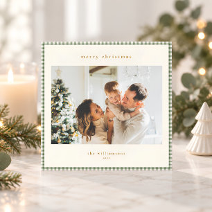Merry Christmas Sage Green Gingham Border Photo Holiday Card