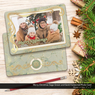 Merry Christmas Sage Green & Gold Photo Card