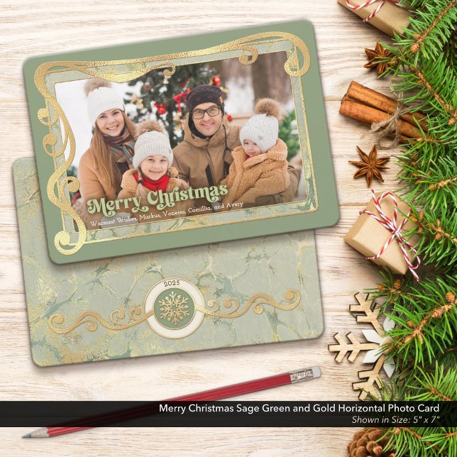 Merry Christmas Sage Green & Gold Photo Card (Merry Christmas Photo Card with a Touch of Vintage Whimsy and Peaceful Sage Green & Gold Colors.)