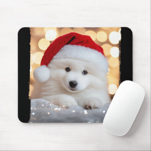 Merry Christmas Samoyed Puppy Dog with Santa Hat Mouse Pad
