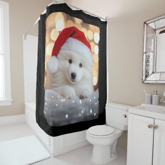 Merry Christmas Samoyed Puppy Dog with Santa Hat Shower Curtain (In Situ)