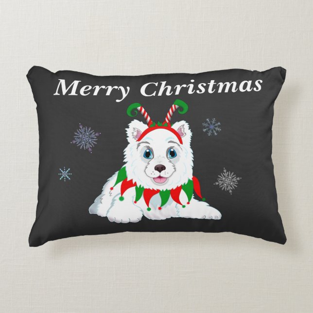 Merry Christmas Samoyed With Elf Headband  Decorative Cushion (Front)
