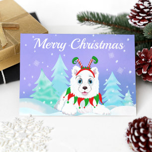 Merry Christmas Samoyed With Elf Headband  Holiday Postcard