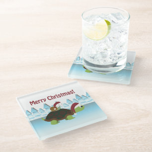 Merry Christmas! San Turtle and Santa Snail Glass Coaster