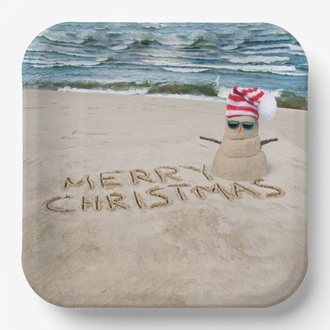 Merry Christmas Sandman On Beach Paper Plate (Front)