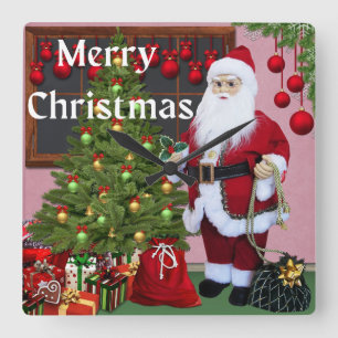 Merry Christmas Santa And Christmas Tree Square Wall Clock