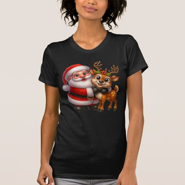 Merry Christmas Santa and Deer T-shirt (Front)