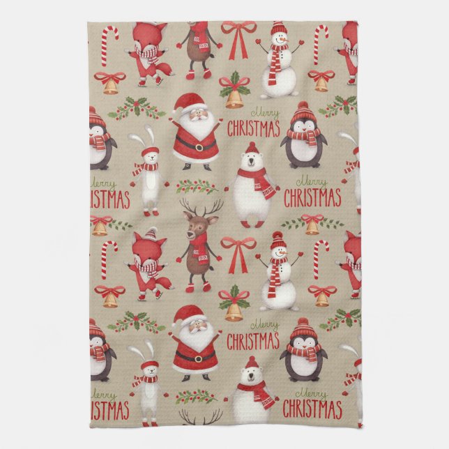 Merry Christmas Santa And Friends Tea Towel (Vertical)