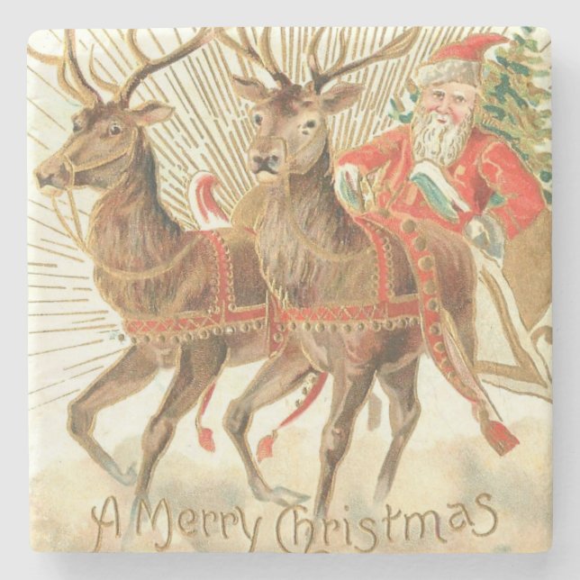 Merry Christmas (Santa and his Reindeer) Stone Coaster (Front)