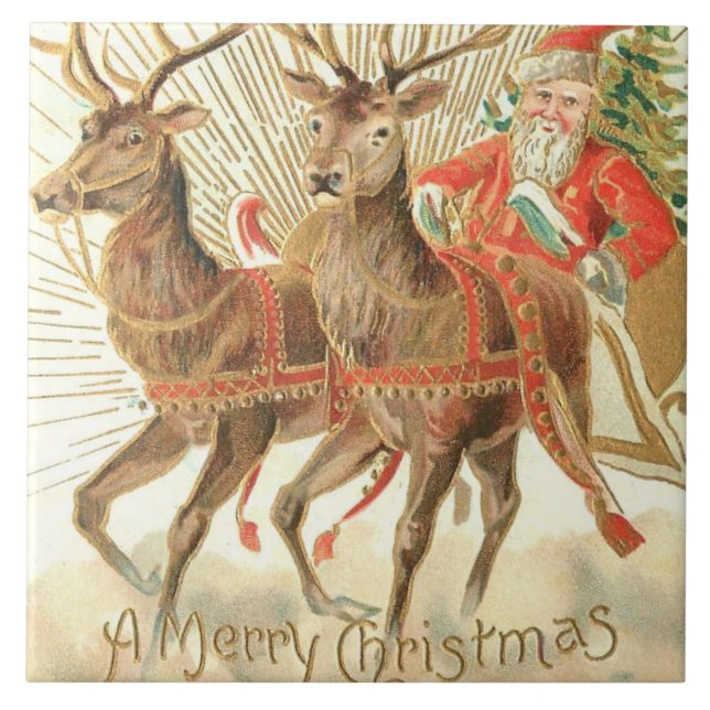 Merry Christmas (Santa and his Reindeer) Tile (Front)