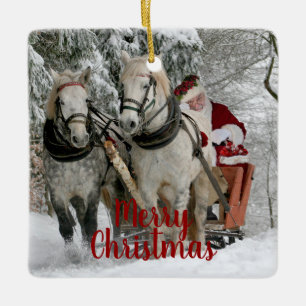 Merry Christmas Santa and Horses Ceramic Ornament