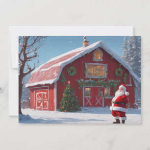 Merry Christmas - Santa and Red Barn Holiday Card