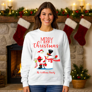 Merry Christmas Santa and Snowman Holiday Family Sweatshirt