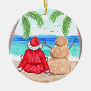Merry Christmas Santa and Snowman on Beach Ceramic Tree Decoration