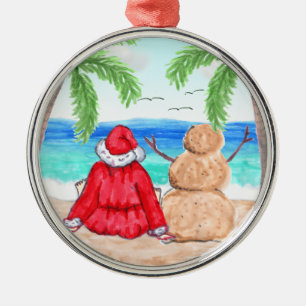 Merry Christmas Santa and Snowman on Beach Metal Tree Decoration