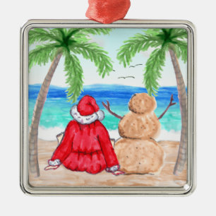 Merry Christmas Santa and Snowman on Beach Metal Tree Decoration