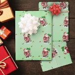 Merry Christmas Santa Animals Tree Bows Green Wrapping Paper Sheet<br><div class="desc">This set of wrapping paper sheets have a repeated image of Santa Claus standing by a little decorated tree in snow surrounded by cute little animals and birds holding a green Merry Christmas sign circled by colourful holly and bows on a light green background.</div>