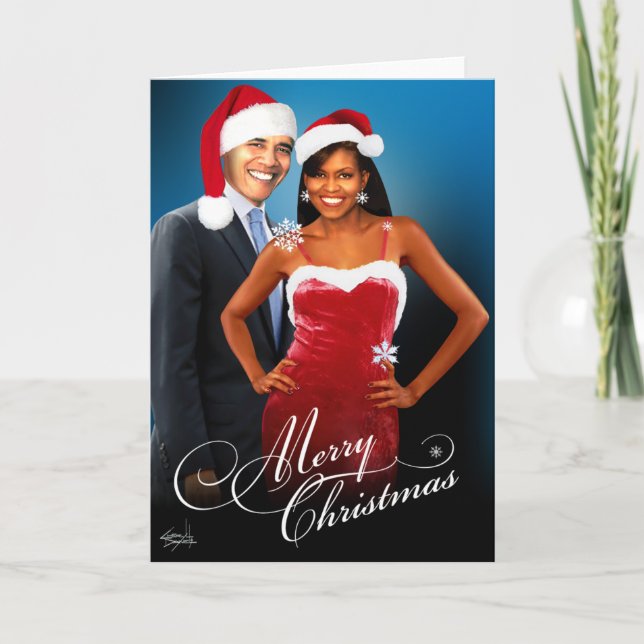 Merry Christmas Santa Barack Michelle Obama Holiday Card (Front)