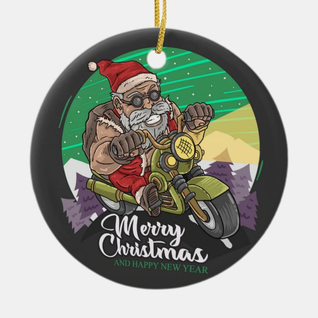 Merry Christmas Santa Biker  Ceramic Ornament (Front)
