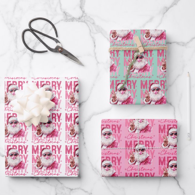 Merry Christmas Santa Blowing Bubble Gum Gift Wrap (Front)
