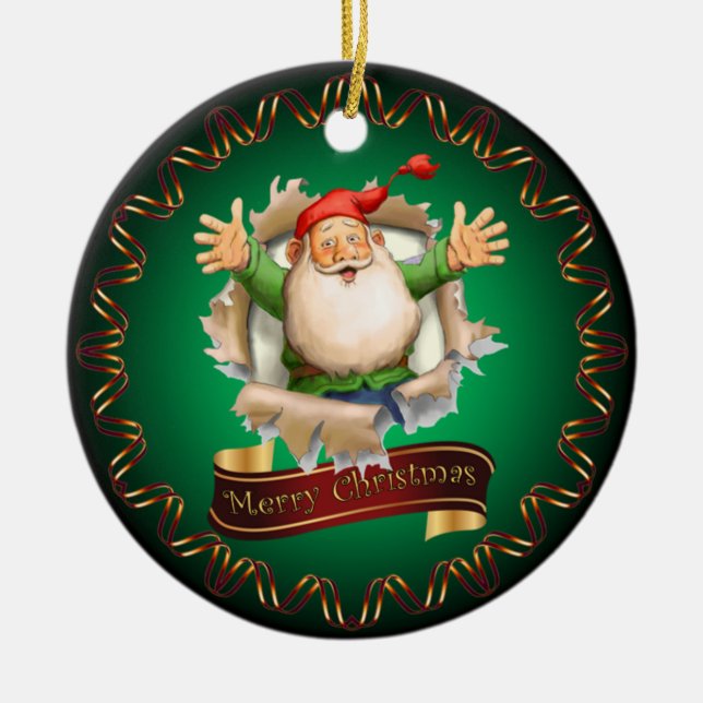 Merry Christmas ~ Santa Breaking Through ~ Ceramic Tree Decoration (Front)
