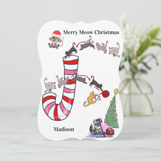 Merry Christmas Santa Cat Mice Flat Greeting Card (Standing Front)