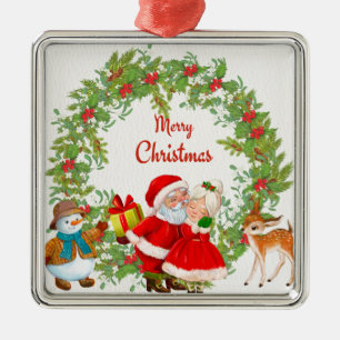 Merry Christmas Santa Claus and Mrs. Claus Metal Tree Decoration