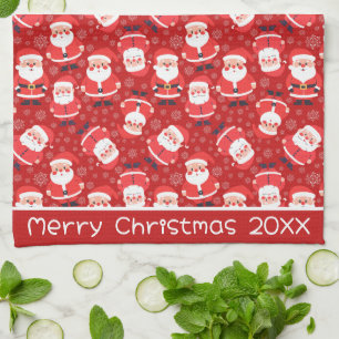 Merry Christmas Santa Claus And Snowflakes Red Tea Towel