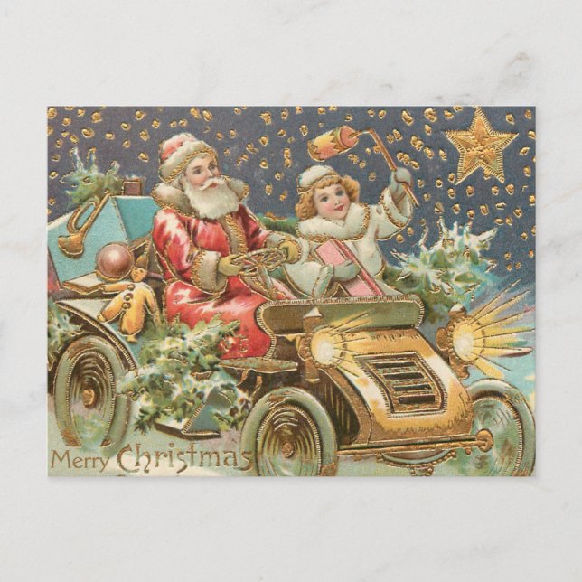 Merry Christmas Santa Claus Driving Vintage Car  Postcard (Front)