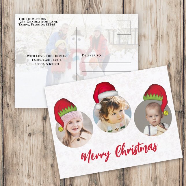 Merry Christmas Santa Claus Hat Holiday Postcard (Merry Christmas holiday three photo postcard template with circle photo template. )