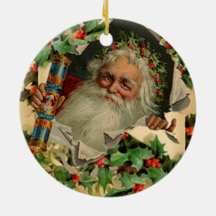 Merry Christmas Santa Claus Holly Ceramic Tree Decoration