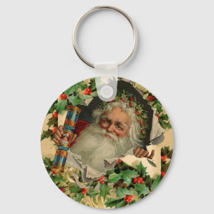 Merry Christmas Santa Claus Holly Key Ring