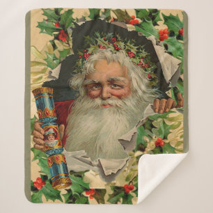 Merry Christmas Santa Claus Holly Sherpa Blanket