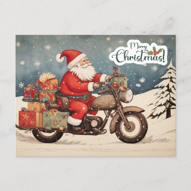 Merry Christmas Santa Claus on Motorcycle Holiday Postcard (Front)