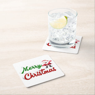 Merry Christmas Santa Claus red green script  Square Paper Coaster