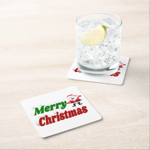 Merry Christmas Santa Claus red green typography Square Paper Coaster