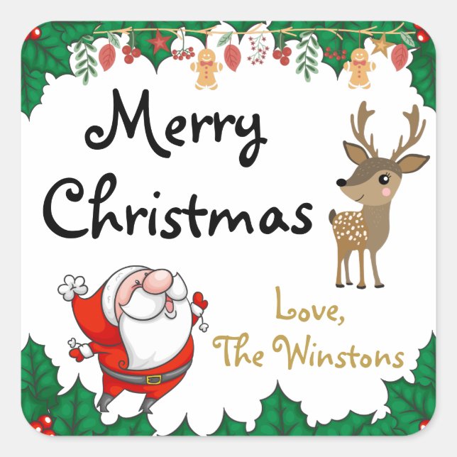 Merry Christmas Santa Claus Reindeer Holiday Square Sticker (Front)