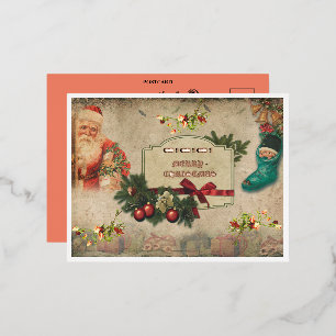 Merry Christmas Santa Claus Rose Gold  Foil Holiday Postcard