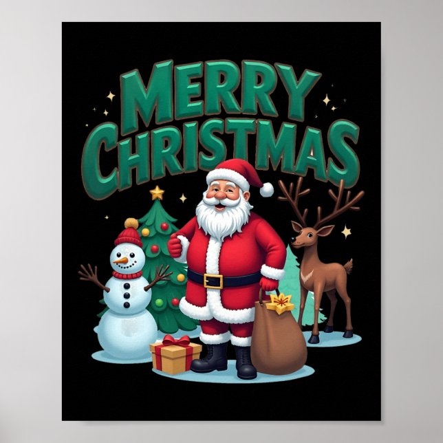 Merry Christmas Santa Claus Snowman Reindeer Xmas  Poster (Front)