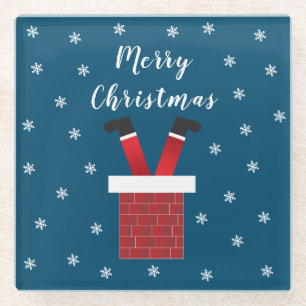 Merry Christmas Santa Claus Stuck In A Chimney Glass Coaster