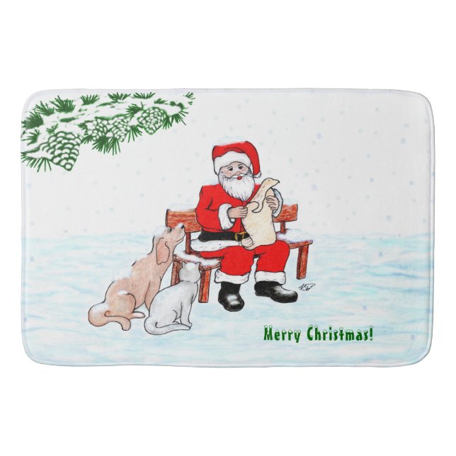 Merry Christmas! Santa Claus with Cat and Dog Bath Mat (Front)