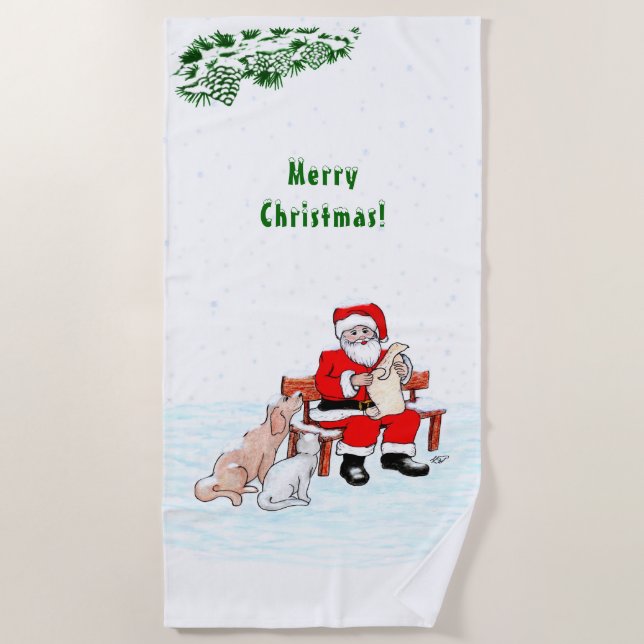 Merry Christmas! Santa Claus with Cat and Dog Beach Towel (Front)