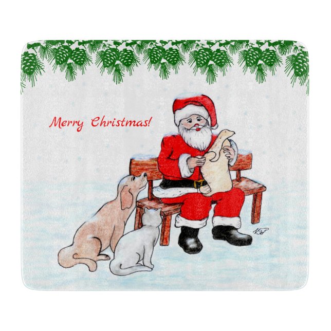 Merry Christmas - Santa Claus with Cat and Dog Cutting Board (Front)