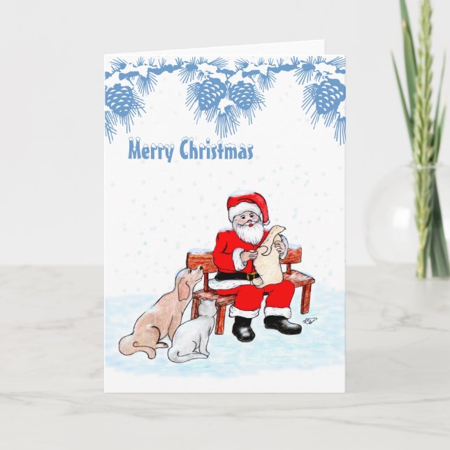 Merry Christmas - Santa Claus with Cat and Dog Holiday Card (Front)