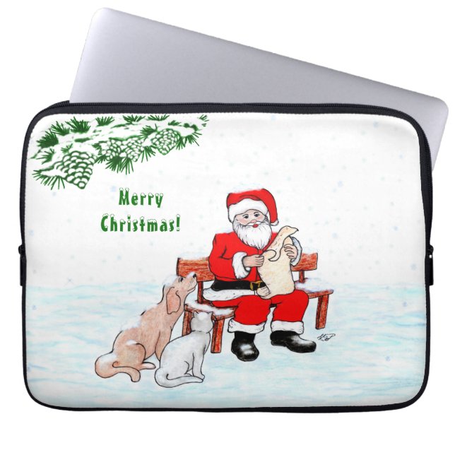 Merry Christmas! Santa Claus with Cat and Dog Laptop Sleeve (Front)