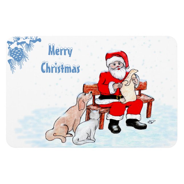 Merry Christmas - Santa Claus with Cat and Dog Magnet (Horizontal)