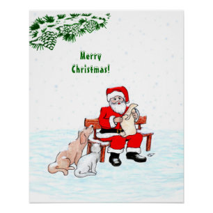 Merry Christmas! Santa Claus with Cat and Dog Poster