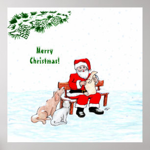 Merry Christmas! Santa Claus with Cat and Dog Poster